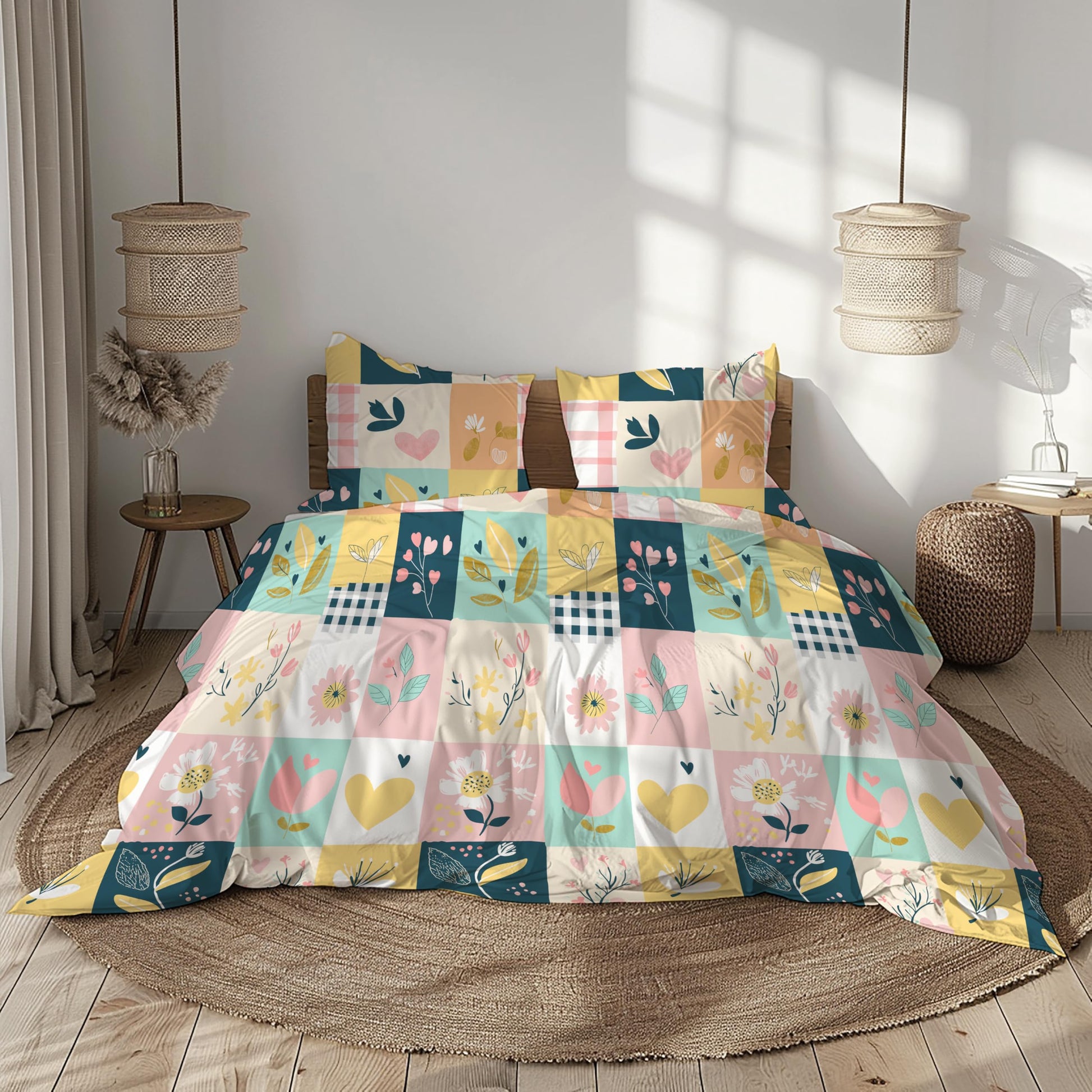 Pastel Garden on White Grid 186 TC Cotton Double Bedsheet, 90 x 90 Inches - Soft Percale Weave with 2 Pillow Covers, Durable & Breathable