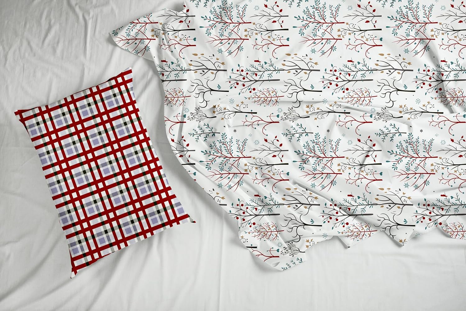 Red and Teal with Plaid Accent 100% Cotton Flat Double Bedsheet, 186 TC