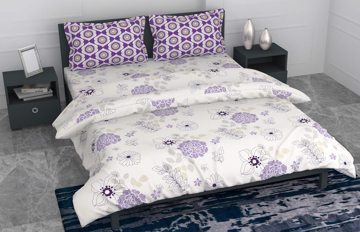 Loreto Floral White Double Bedsheet | 144 TC | 100% Cotton | 90 x 88 Inches - main product image