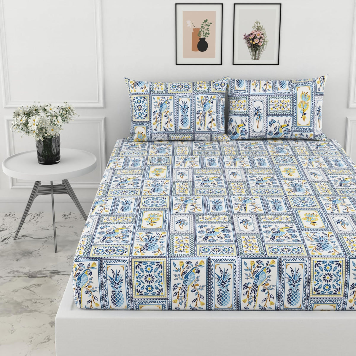 Parrot Flora Print 100% Cotton Elastic Fitted Bedsheet for King Size Bed with 2 Pillow Covers, 144 TC, 78 x 72 Inches