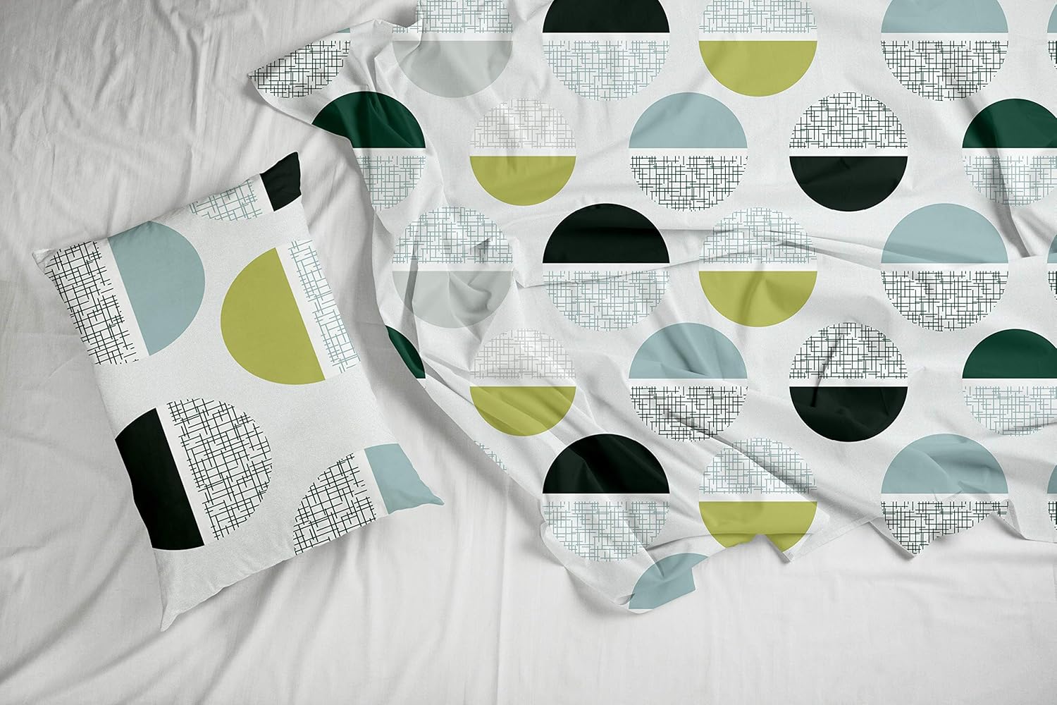 Muted Grey and Lime Circle Design 100% Cotton Flat King Bedsheet, 144 TC