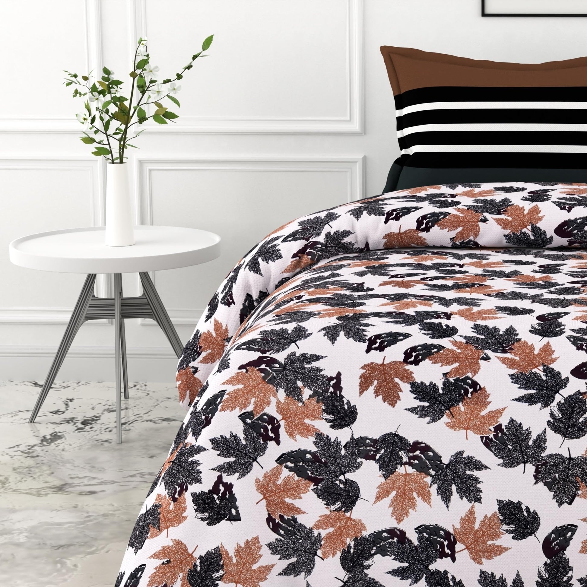 Frosted Charcoal Leaf Pattern 100% Cotton Double Bedsheet with 2 Pillow Covers, 144 TC, 88 x 90 Inches