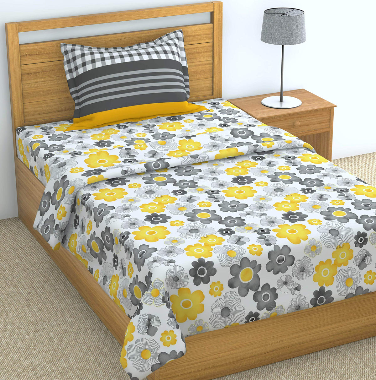 Loreto Floral, Yellow and Grey Single Bedsheet | 144 TC | 100% Cotton - main product image