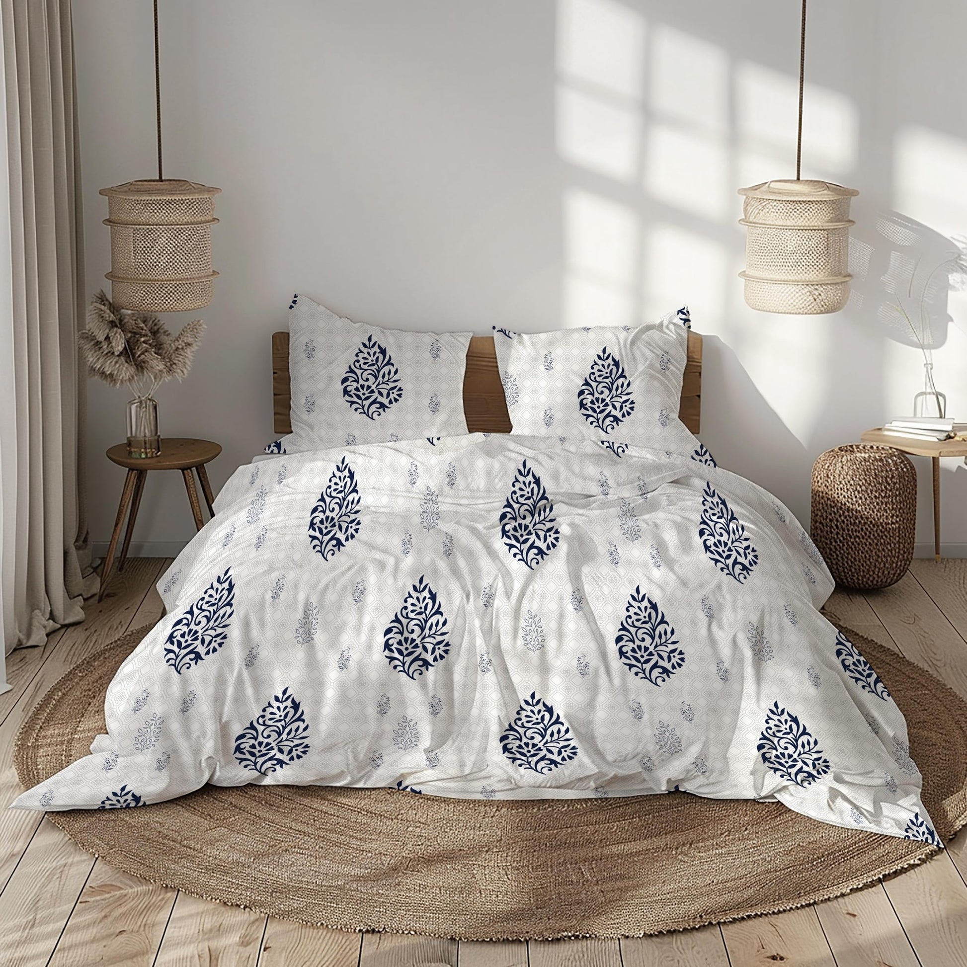 Blue Floral Motif 100% Pure Cotton Double Bedsheet, 186 TC, 90 x 108 Inches, Soft & Breathable with 2 Pillow Covers