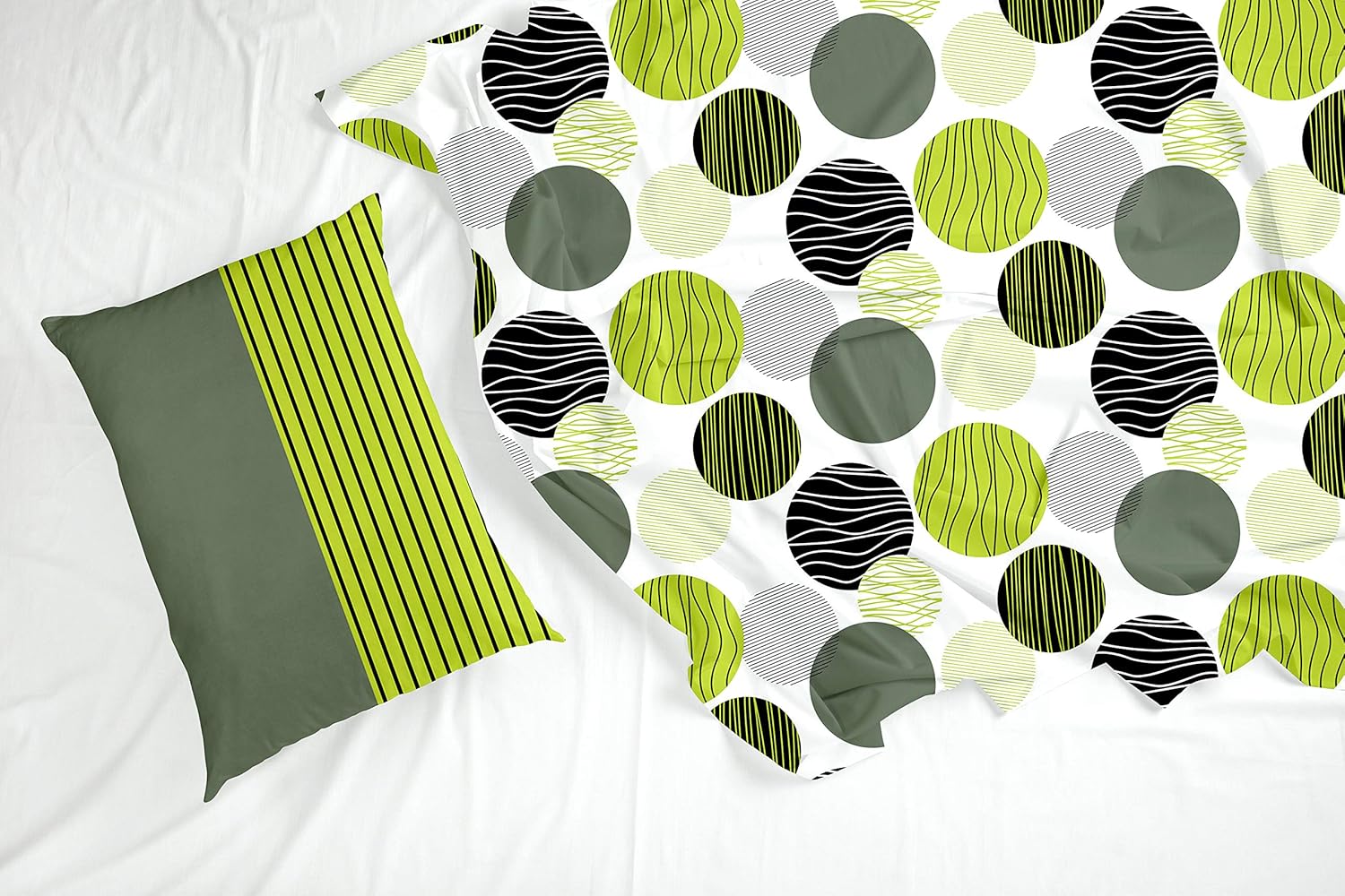 Olive Green and Grey Black Circle Geometric 100% Cotton Flat Double Bedsheet, 144 TC