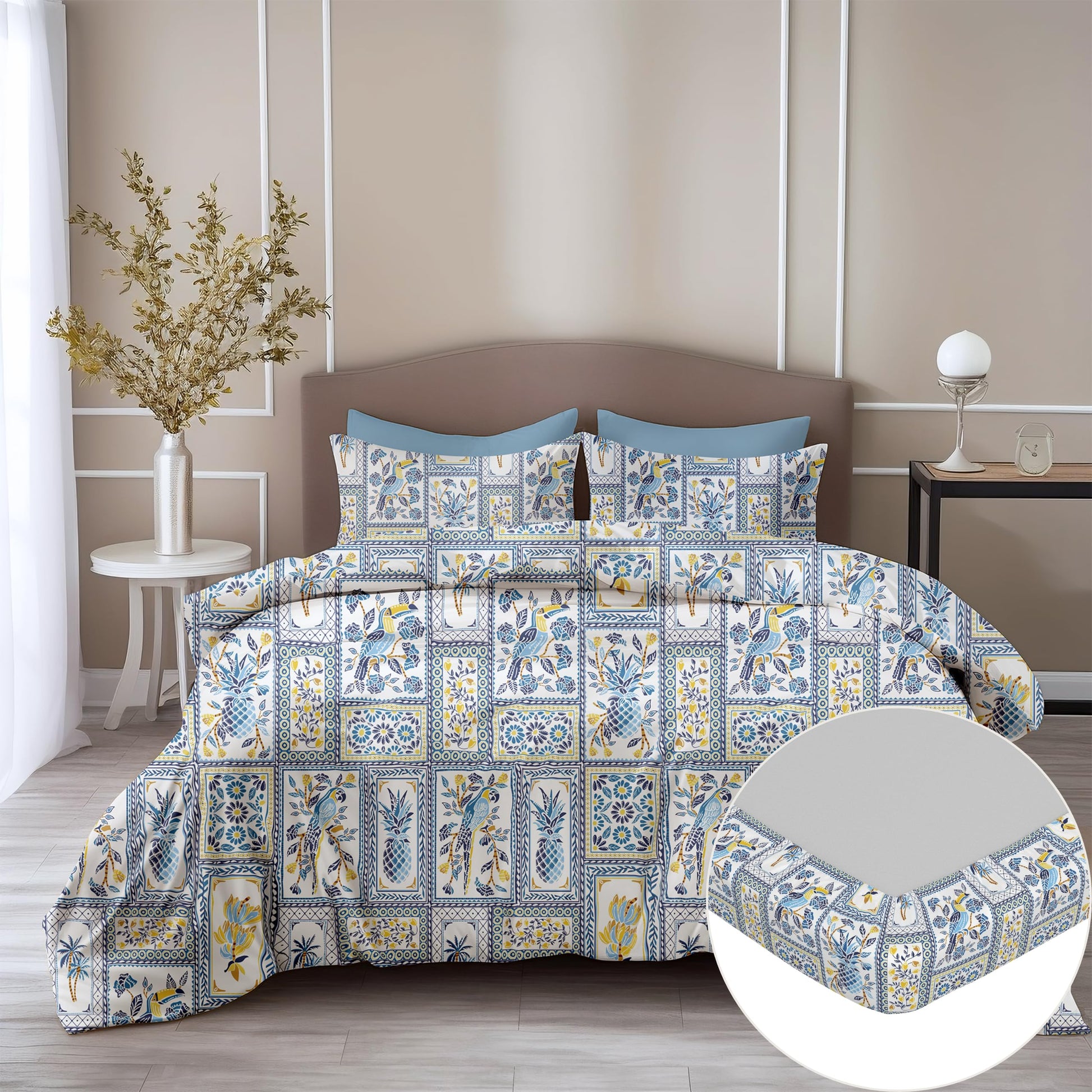 Parrot Flora Print 100% Cotton Double Fitted Bedsheet with 2 Pillow Covers, 144 TC, 78 x 60 Inches