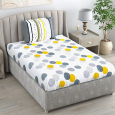 Grey and Yellow Polka Dots 100% Cotton Single Fitted Bedsheet, 144 TC
