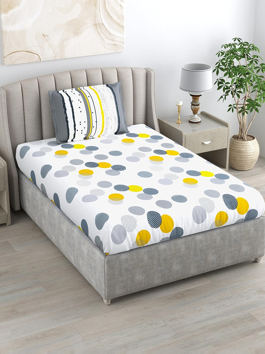 Grey and Yellow Polka Dots 100% Cotton Single Fitted Bedsheet, 144 TC