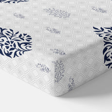 Navy Blue Floral Motif 186 TC Cotton King Size Elastic Fitted Bedsheet with 2 Pillow Covers - 78 x 72 Inches