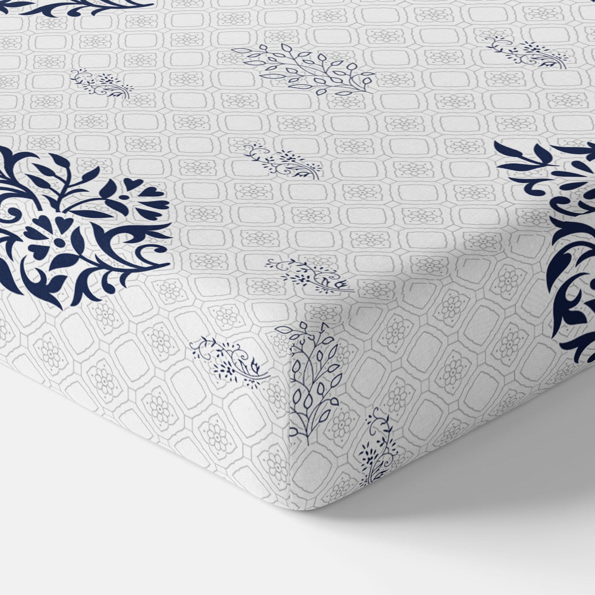 Navy Blue Floral Motif 186 TC Cotton King Size Elastic Fitted Bedsheet with 2 Pillow Covers - 78 x 72 Inches