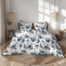 Blue & Grey Bloom 100% Pure Cotton Double Bedsheet, 186 TC, 90 x 108 Inches, Soft & Breathable with 2 Pillow Covers