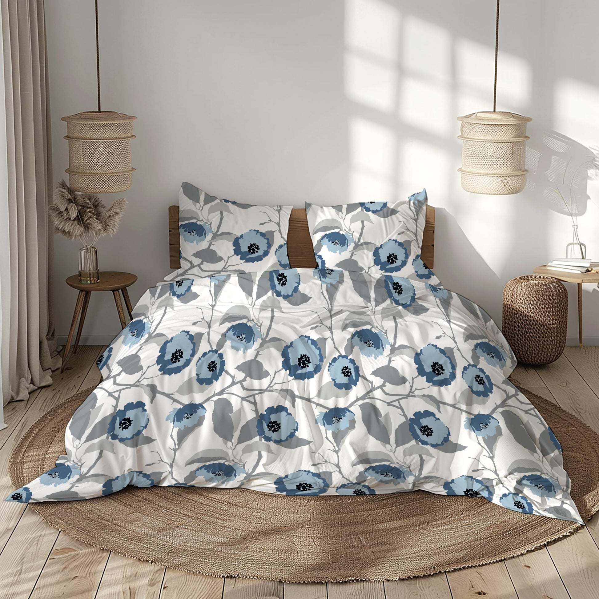 Blue & Grey Bloom 100% Pure Cotton Double Bedsheet, 186 TC, 90 x 108 Inches, Soft & Breathable with 2 Pillow Covers