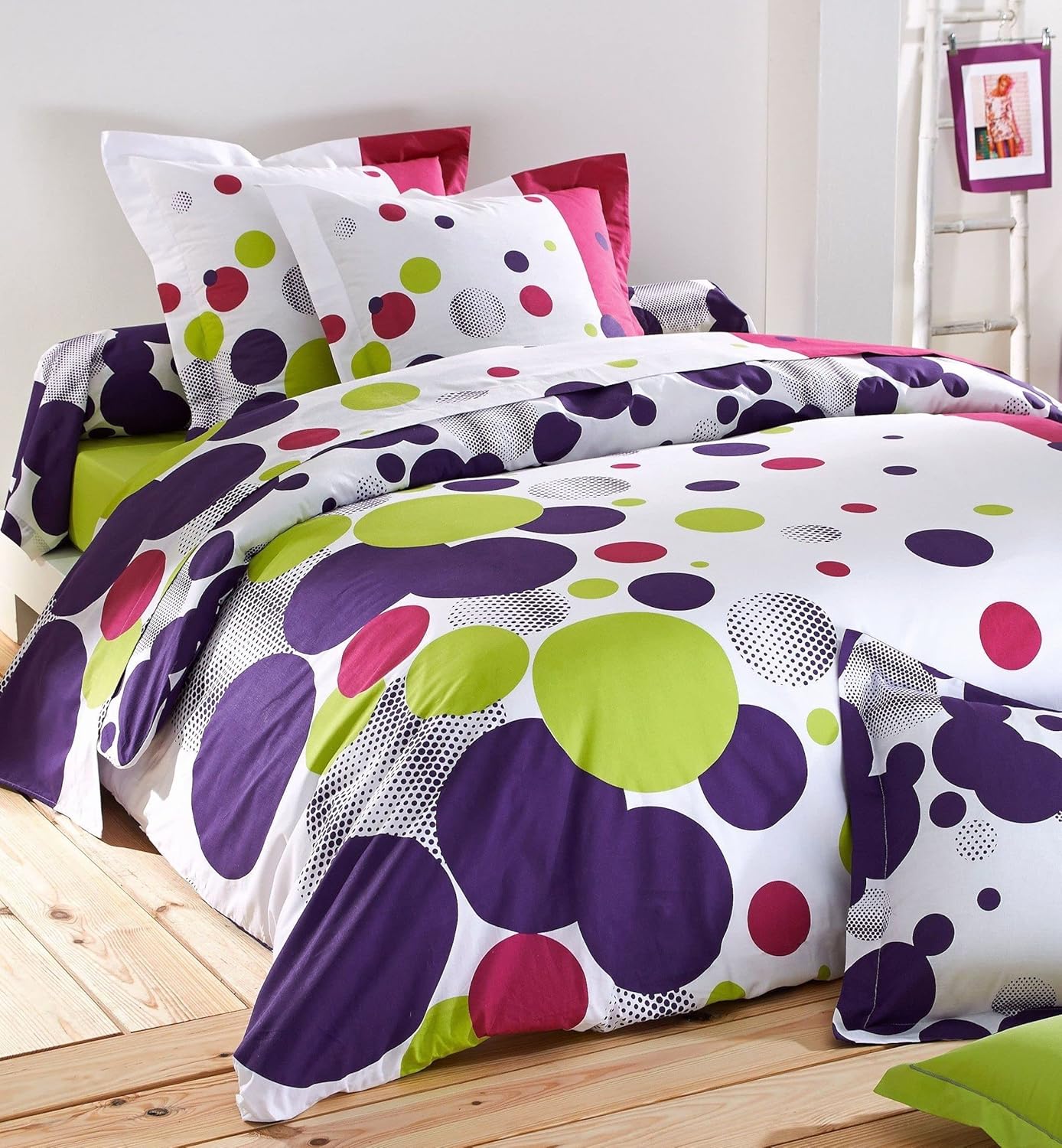 Purple Mint Polka 100% Cotton Flat Double Bedsheet, 186 TC