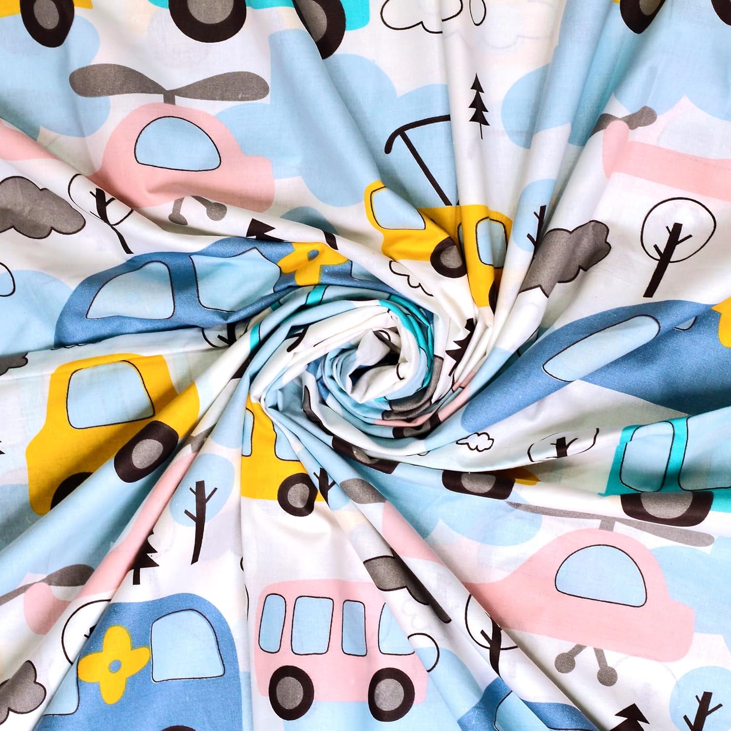 Bubblegum Blue Bus & Banana Yellow Cars 100% Cotton King Fitted Bedsheet, 144 TC