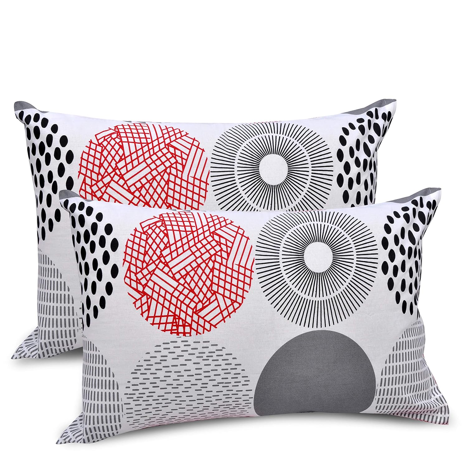 Red & Black Geometric Circles 100% Cotton Flat King Bedsheet, 144 TC