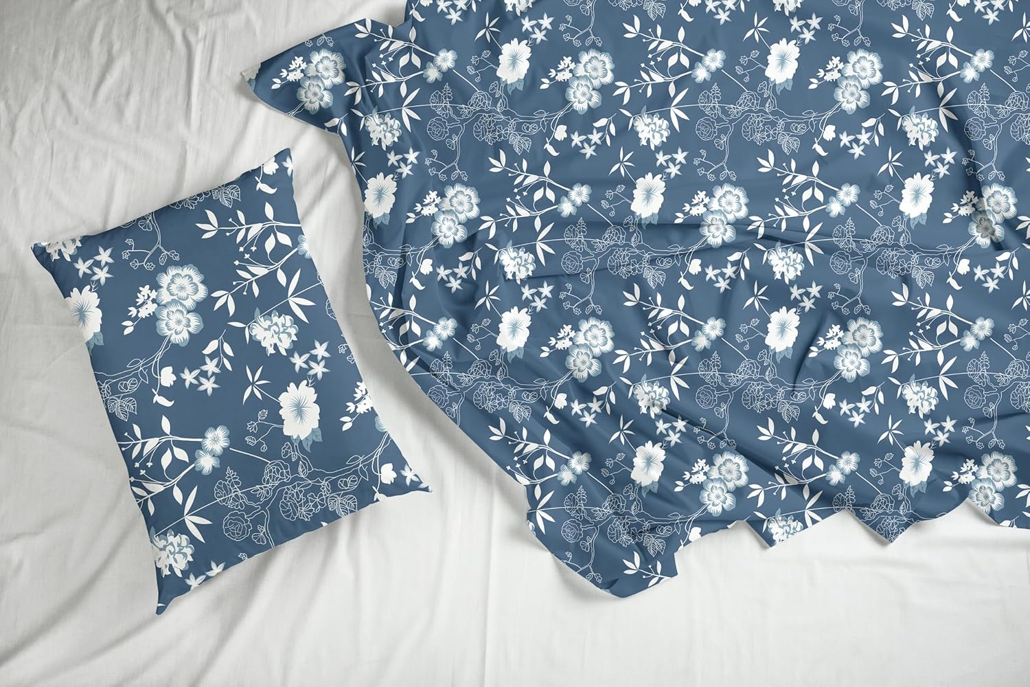 Indigo Blue Vine Blooms Soft & Breathable 100% Cotton Flat King Bedsheet, 144 TC