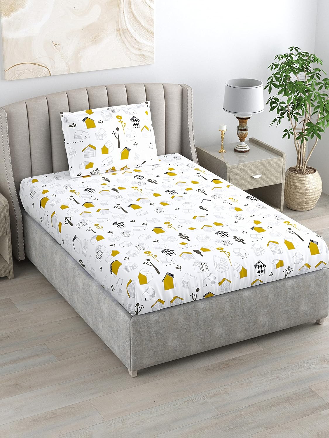 Kids House Drawing Design 100% Cotton Single Fitted Bedsheet, 144 TC
