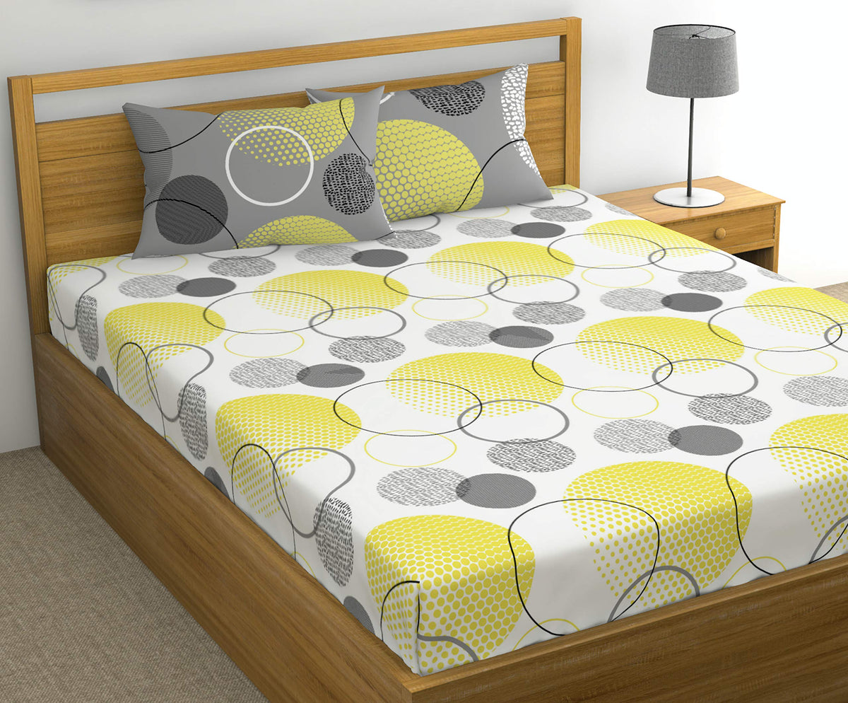 Loreto Cotton King Bedsheet | White & Lemon Yellow