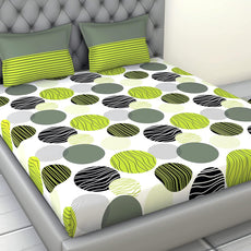 Olive Green and Grey Black Circle Geometric 100% Cotton Flat Double Bedsheet, 144 TC