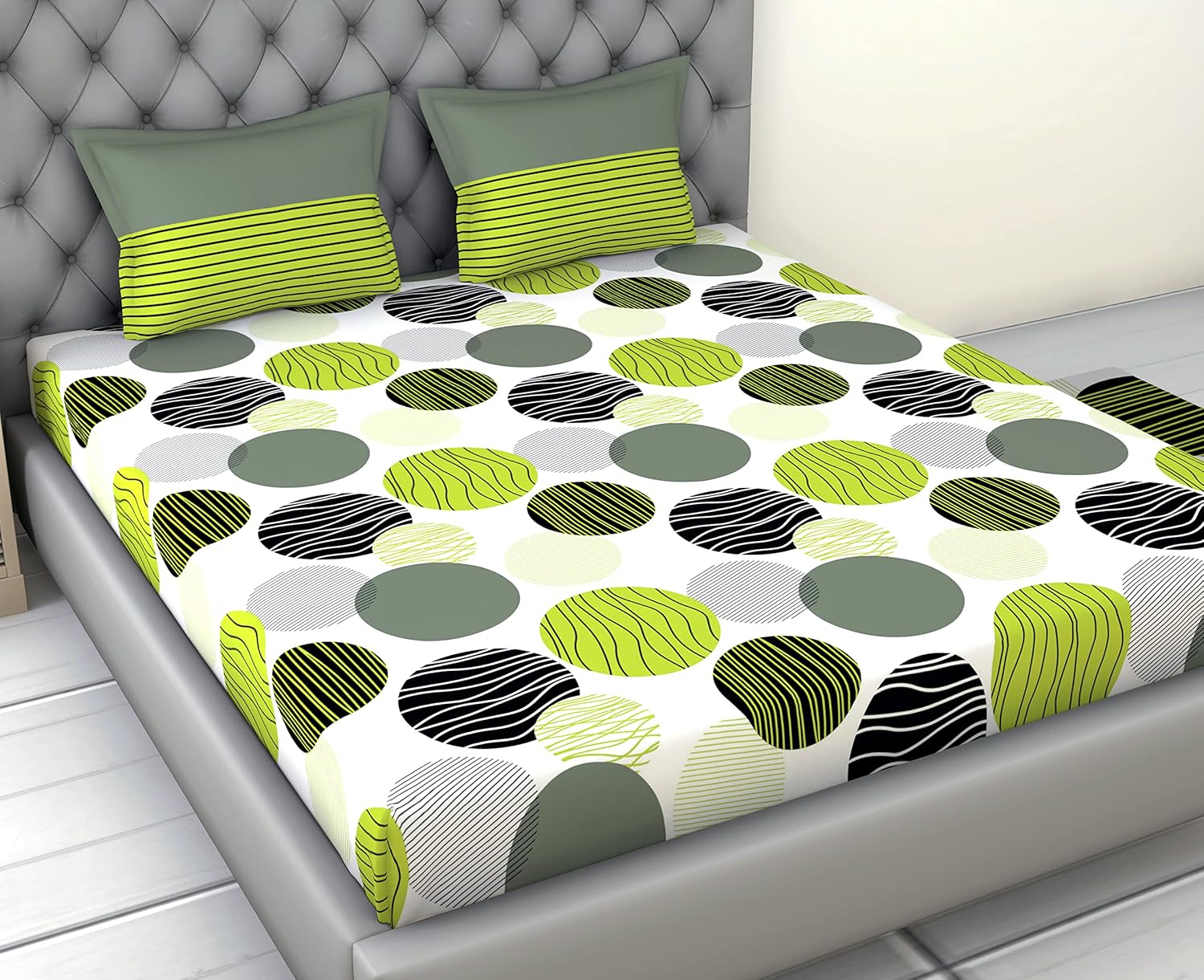 Olive Green and Grey Black Circle Geometric 100% Cotton Flat Double Bedsheet, 144 TC
