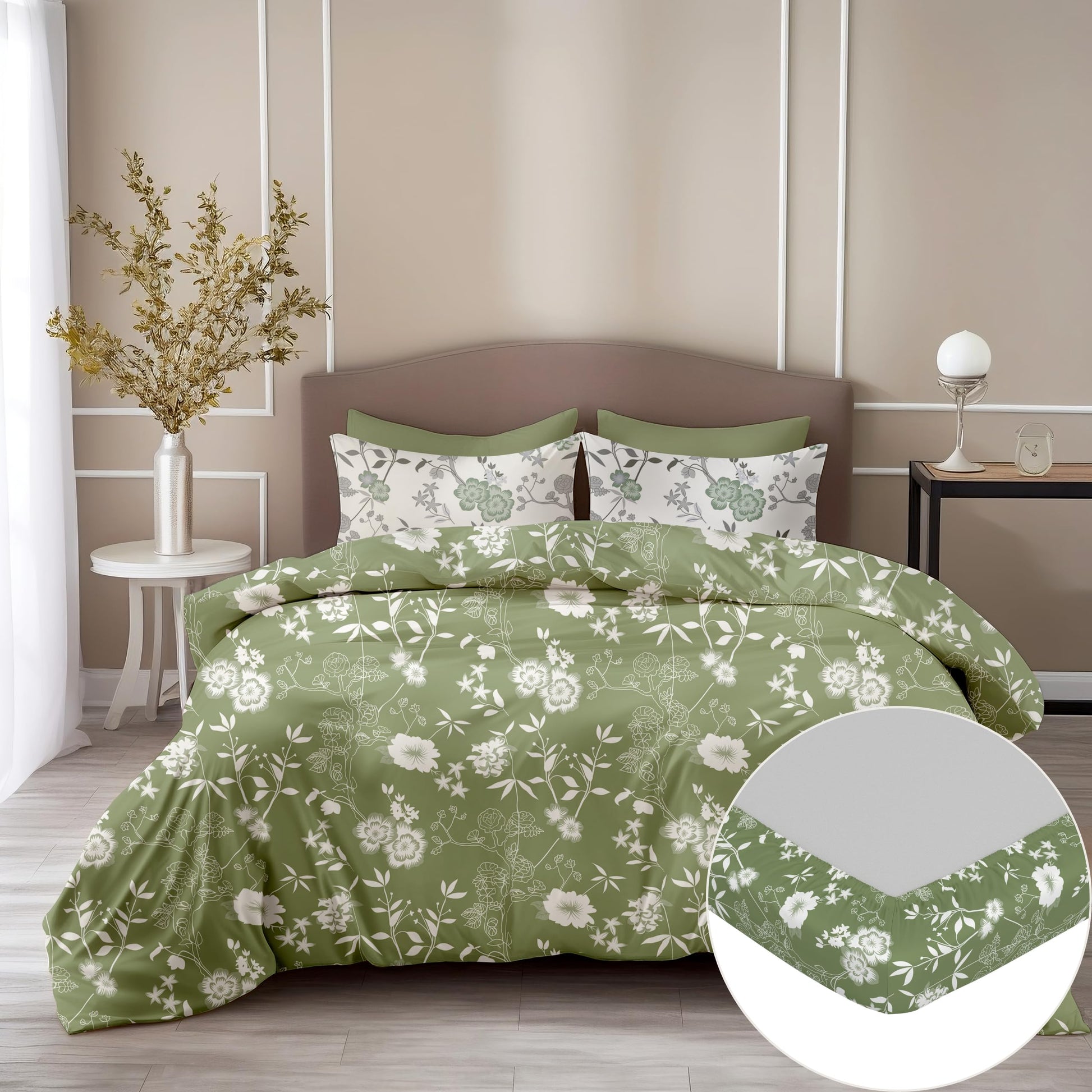 Olive Green Floral 100% Cotton Double Fitted Bedsheet with 2 Pillow Covers, 144 TC, 78 x 60 Inches