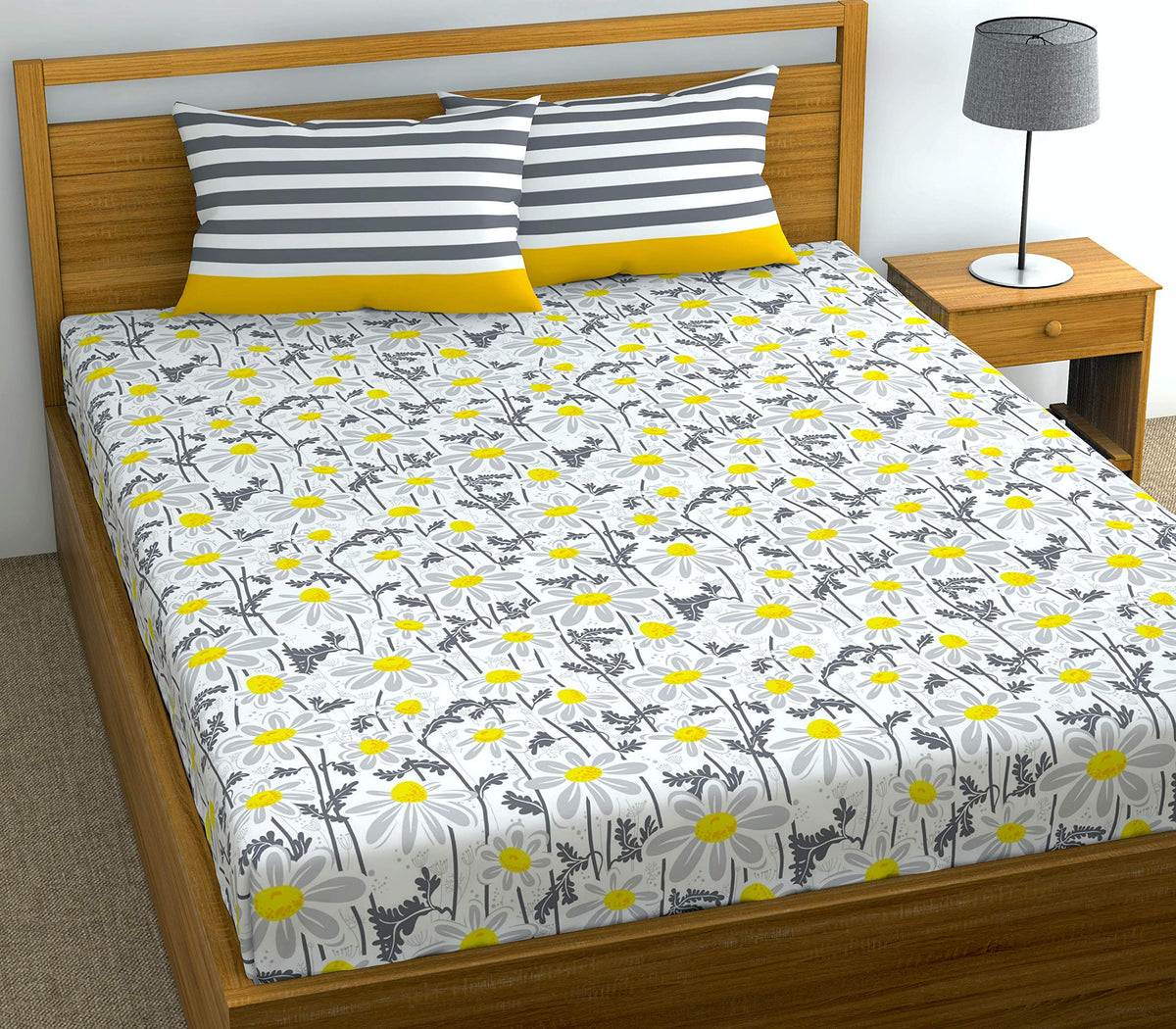 Loreto Yellow and Grey Double Bedsheet | 144 TC | 100% Cotton | 90 x 88 Inches - main product image