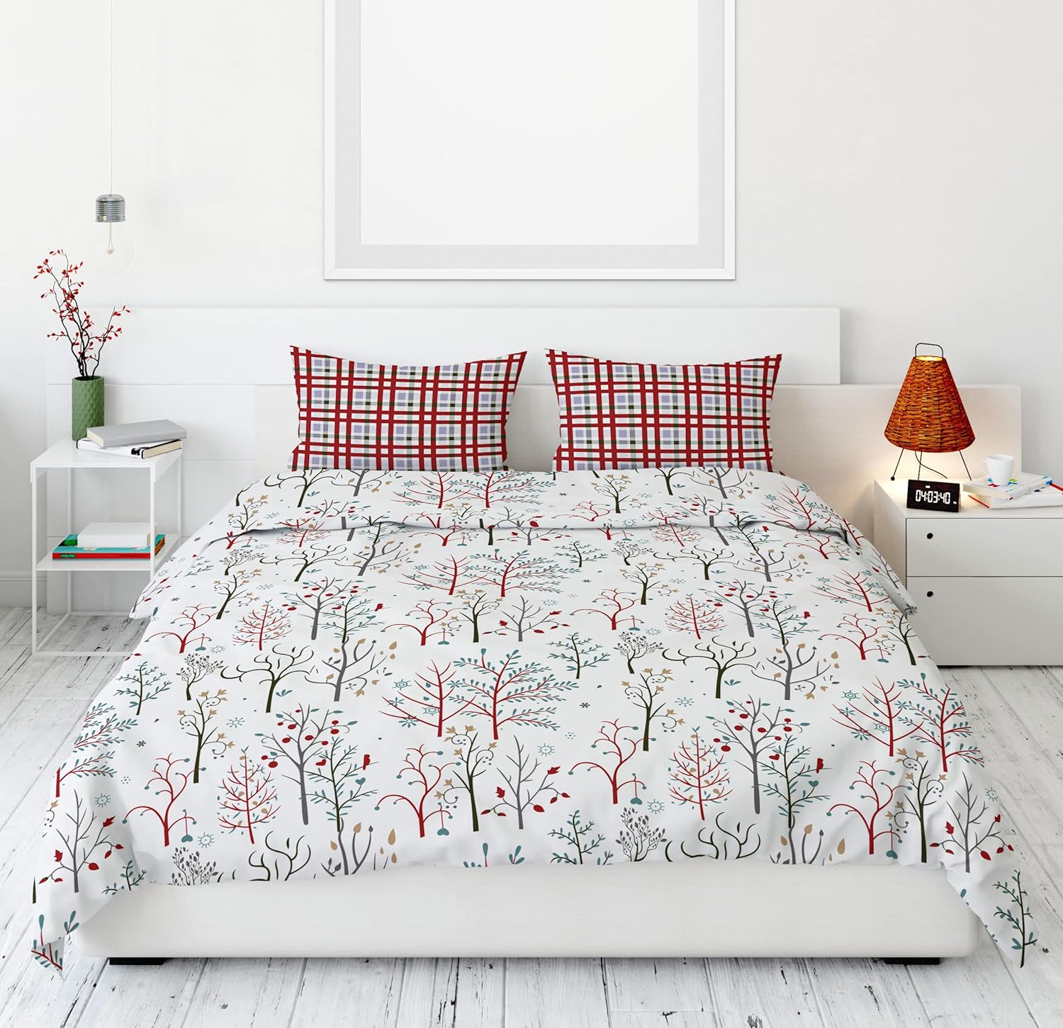 Red and Teal with Plaid Accent 100% Cotton Flat Double Bedsheet, 186 TC