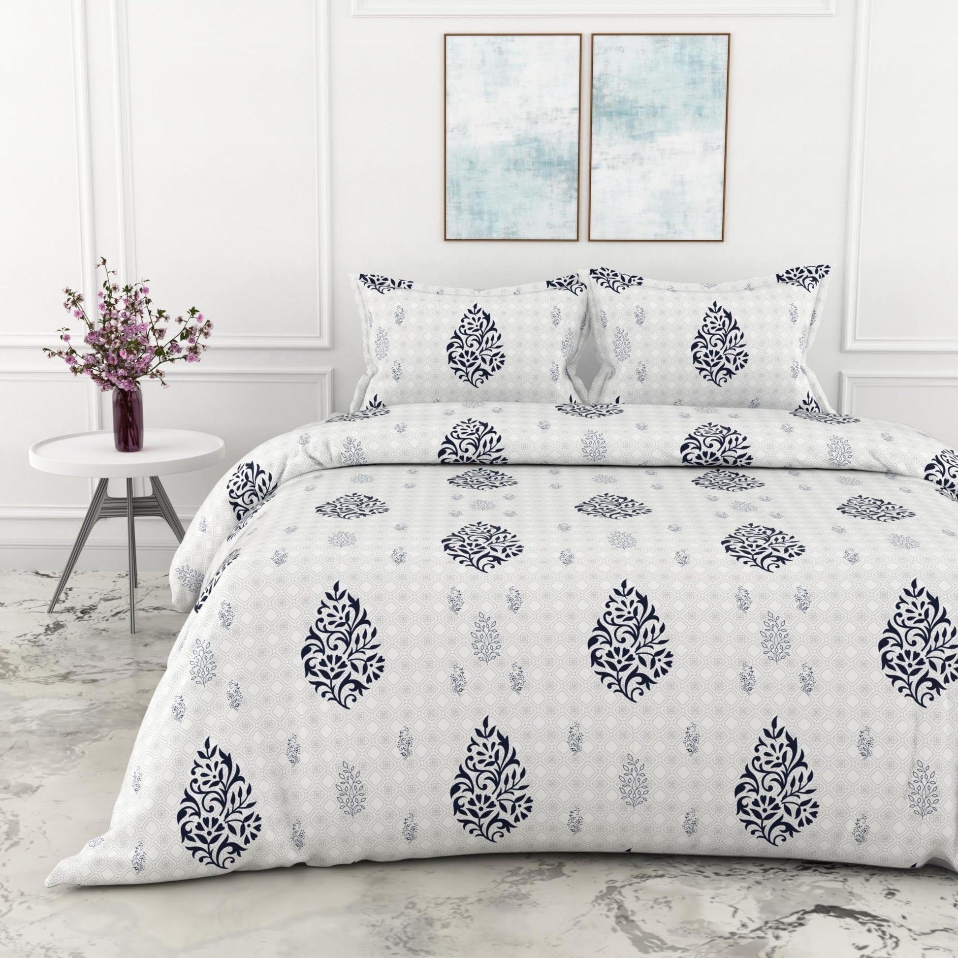 Blue Floral Motif 100% Pure Cotton Double Bedsheet, 186 TC, 90 x 108 Inches, Soft & Breathable with 2 Pillow Covers