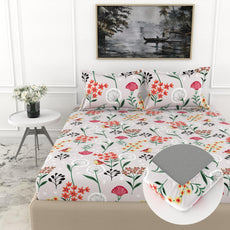 Lavender Grey Spring Harmony Double Fitted Bedsheet - 100% Cotton with 2 Pillow Covers (78 x 60 Inches + 8 Inch Pocket)