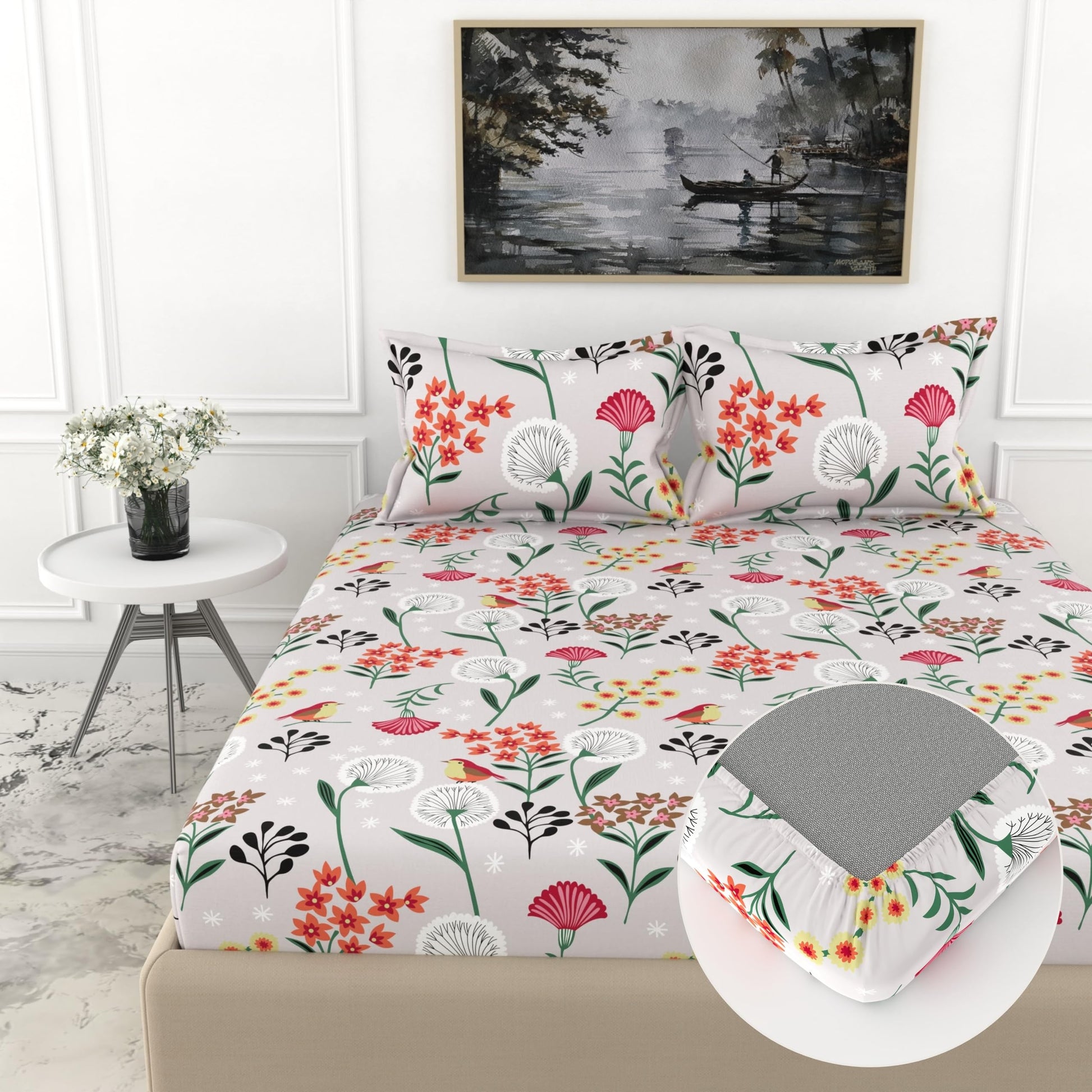 Lavender Grey Spring Harmony Double Fitted Bedsheet - 100% Cotton with 2 Pillow Covers (78 x 60 Inches + 8 Inch Pocket)
