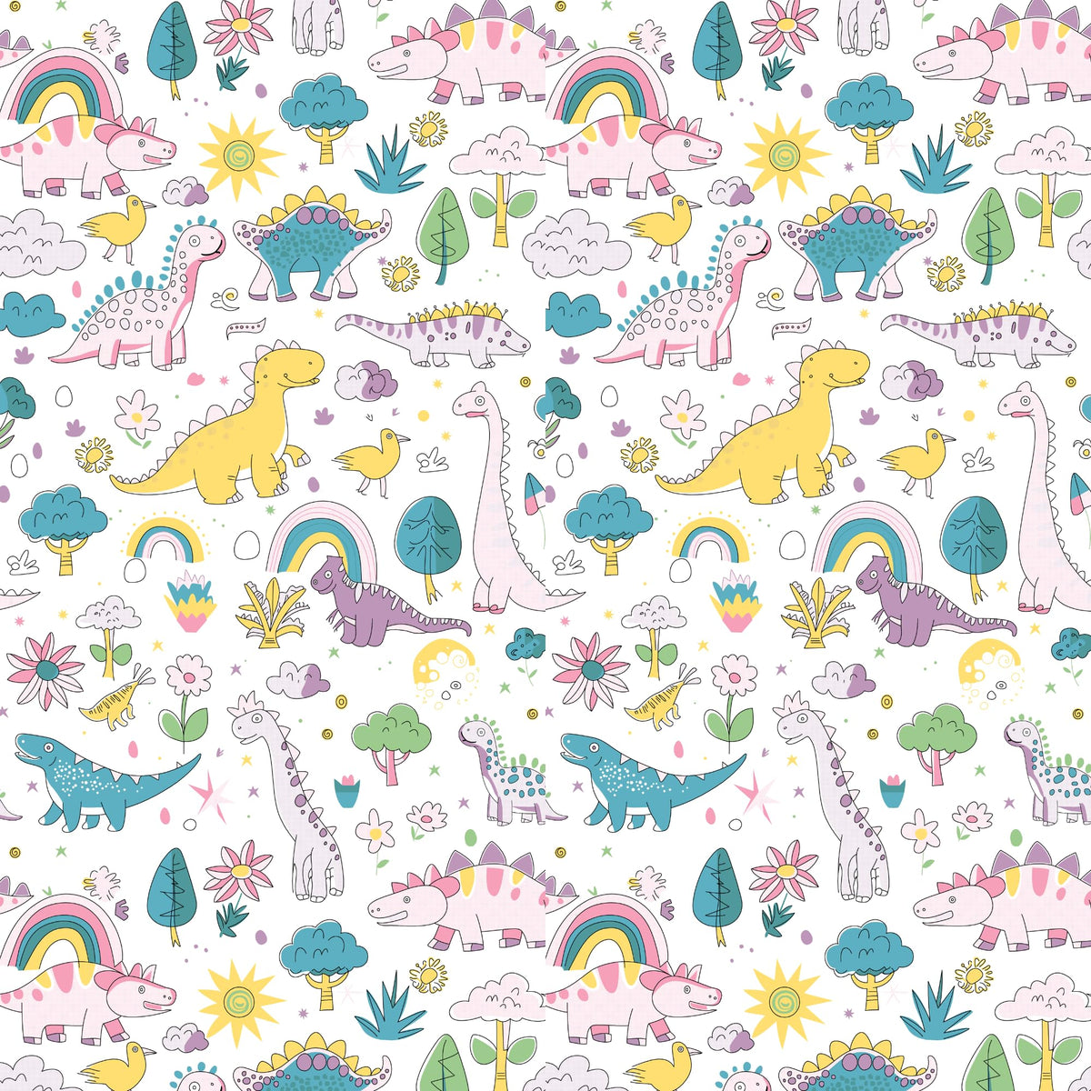 Rainbow Dino Fun 144 TC 100% Cotton Elastic Fitted Single Bedsheet with 1 Pillow Cover - 78 x 36 Inches