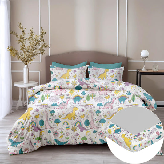 Rainbow Dino Fun & Deep Blue Olive Waves 100% Cotton Double Fitted Bedsheet with 2 Pillow Covers, 144 TC, 78 x 60 Inches