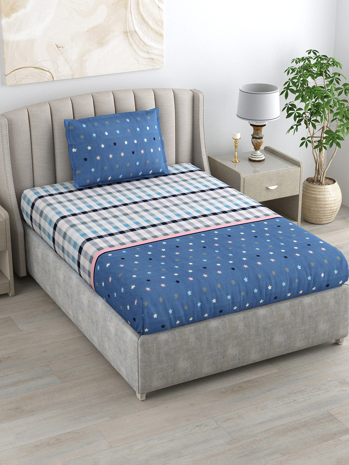 Loreto Marine Checks Single Fitted Bedsheet | 144 TC | 100% Cotton | Fits 78 x 36 Inches - main product image
