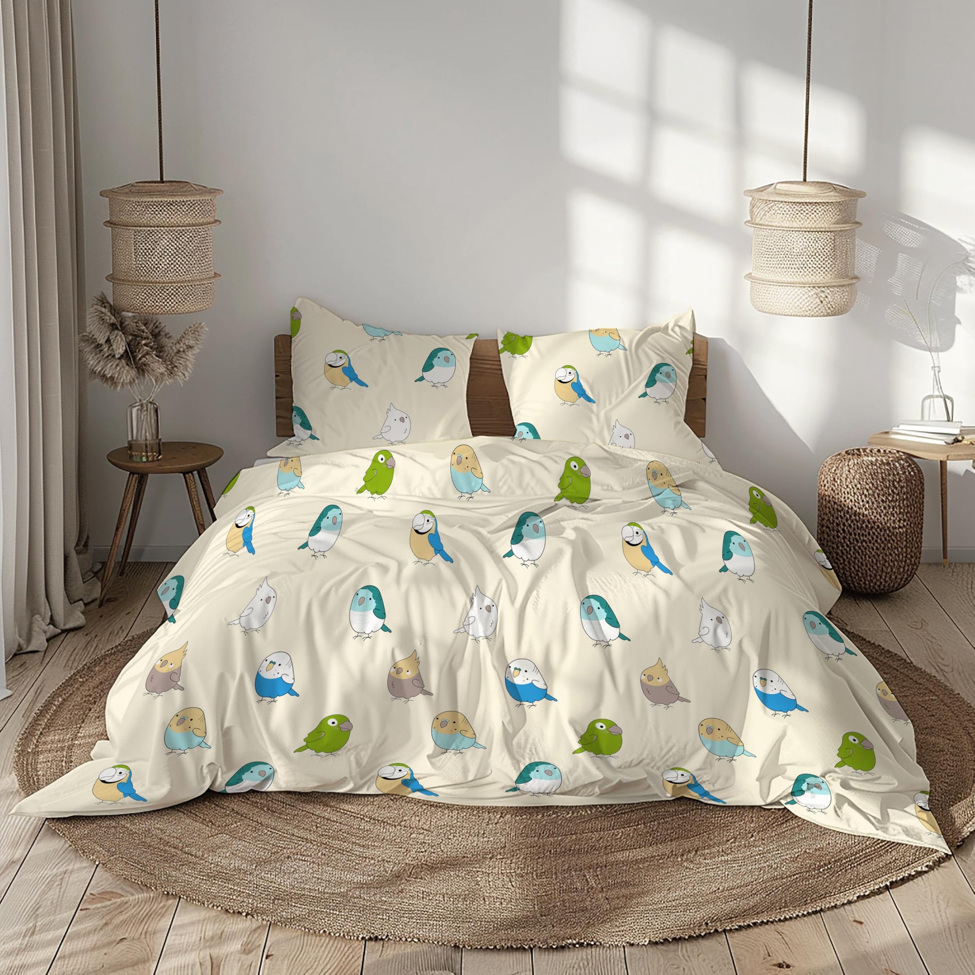 Multicolor Birds on Soft Beige 186 TC Cotton Double Bedsheet, 90 x 90 Inches - Soft Percale Weave with 2 Pillow Covers, Durable & Breathable