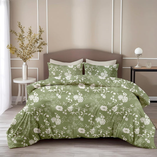 Loreto Cotton Double Bedsheet | Olive Green Floral Whisper Soft & Breathable