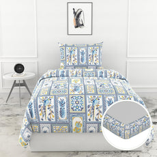 Royal Parrot Flora Print Blue 100% Cotton Elastic Fitted Bedsheet for Single Bed with Pillow Cover | All Around Elastic | 78 x 36 Inches, 144 TC