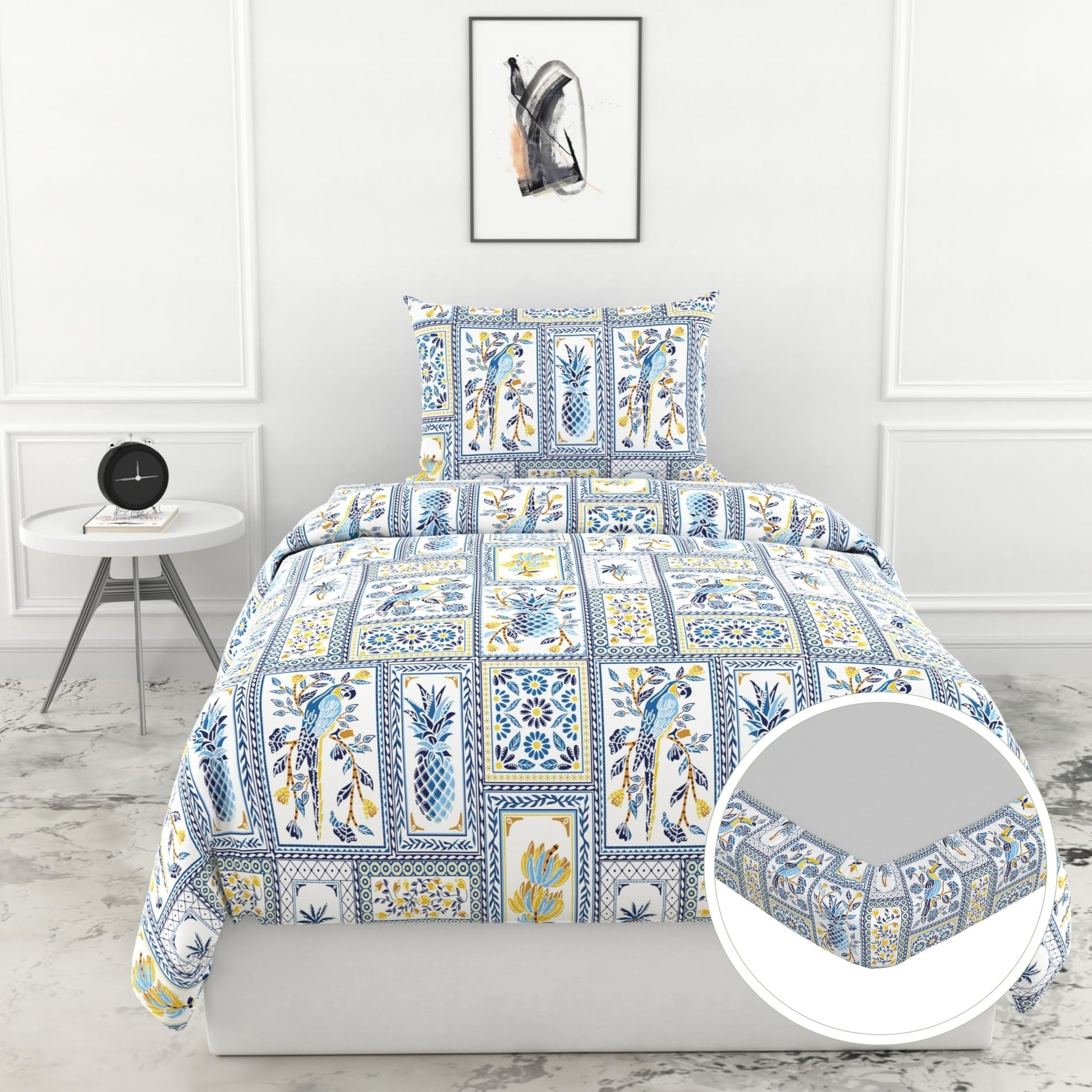 Royal Parrot Flora Print Blue 100% Cotton Elastic Fitted Bedsheet for Single Bed with Pillow Cover | All Around Elastic | 78 x 36 Inches, 144 TC