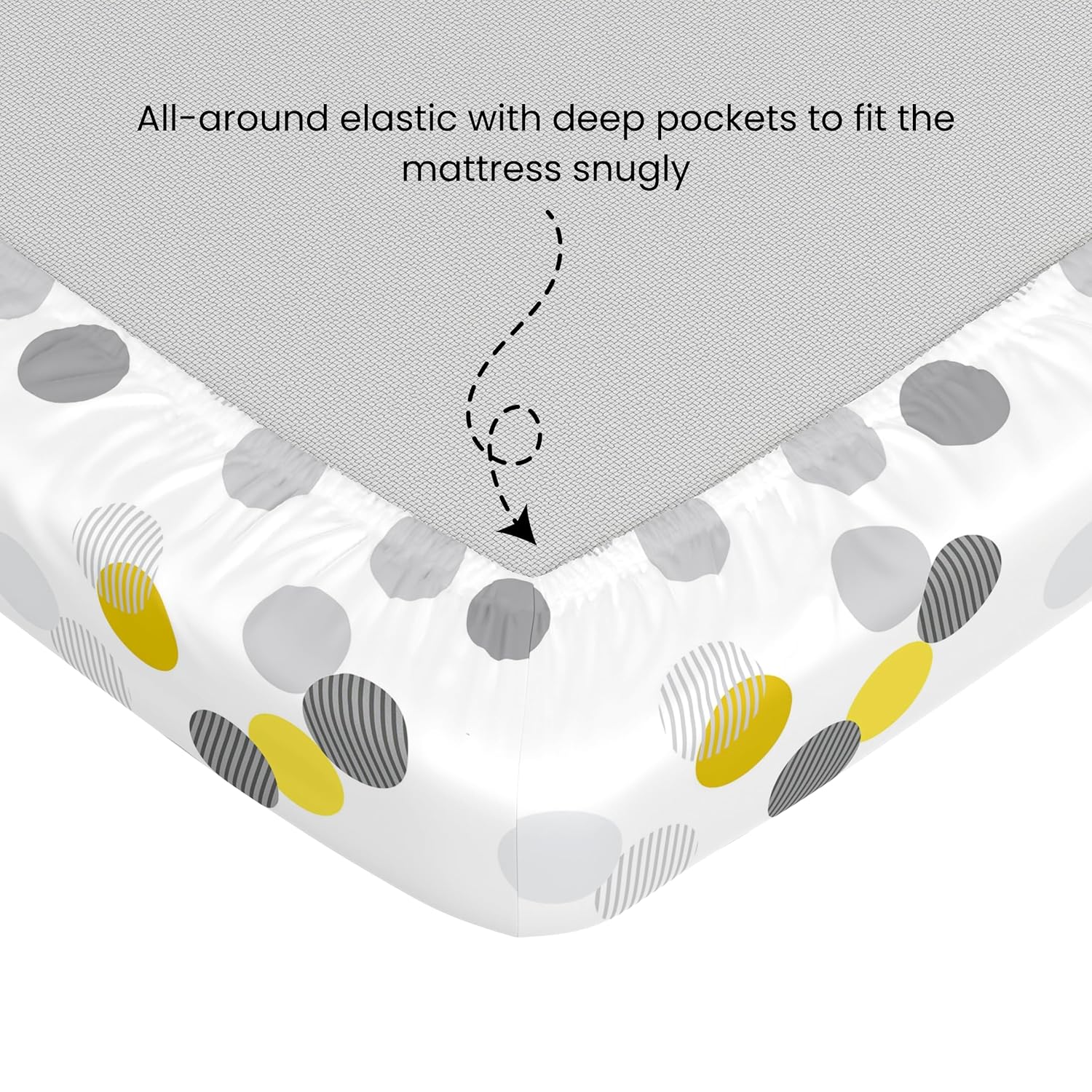 Grey and Yellow Polka Dots 100% Cotton Double Fitted Bedsheet, 144 TC
