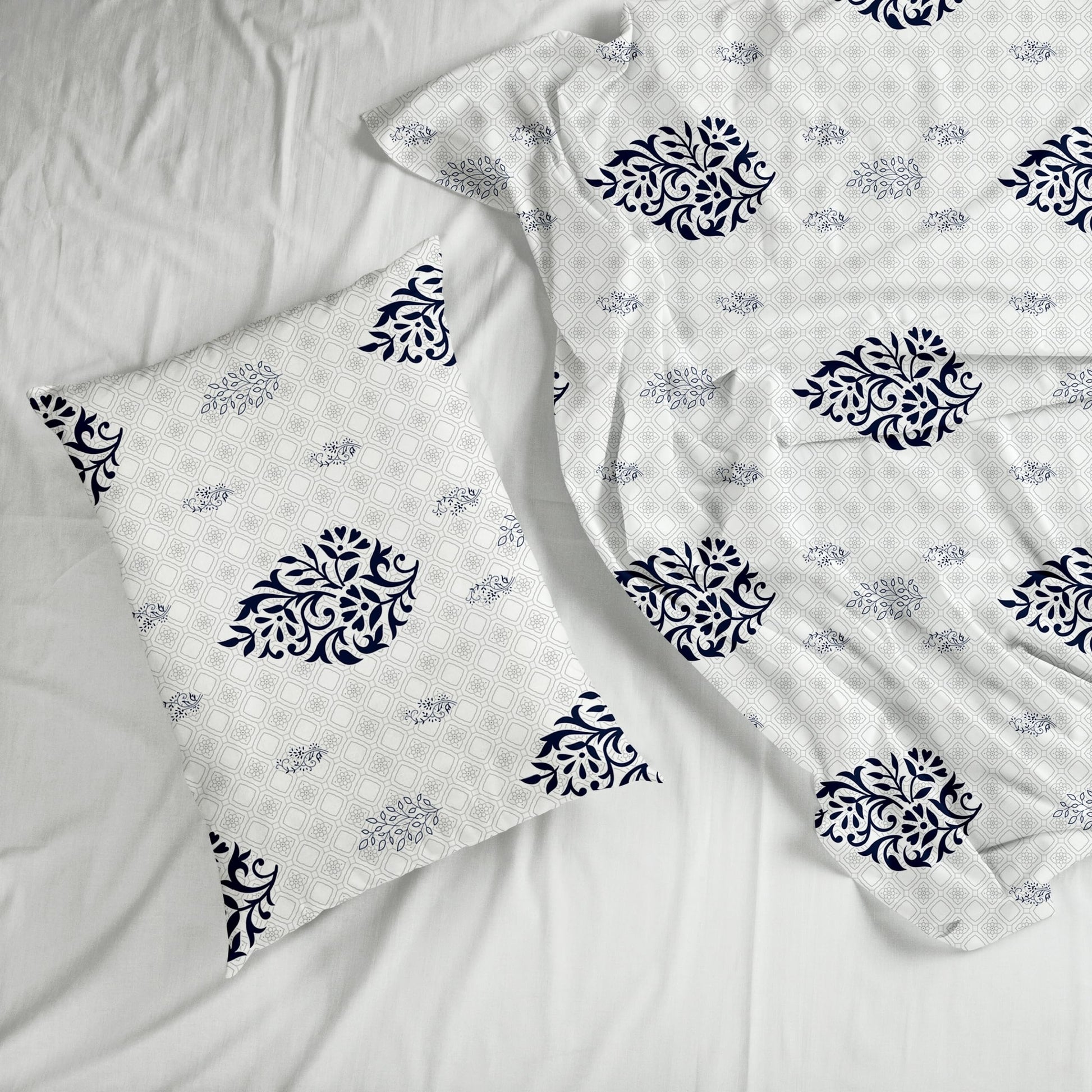 Blue Floral Motif 100% Pure Cotton Double Bedsheet, 186 TC, 90 x 108 Inches, Soft & Breathable with 2 Pillow Covers