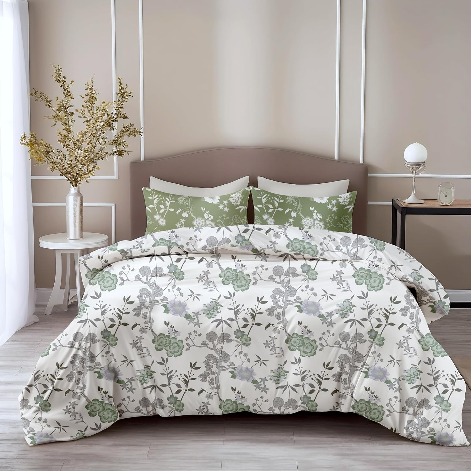 Loreto Cotton Double Bedsheet | Sage Green Floral Harmony Soft & Breathable
