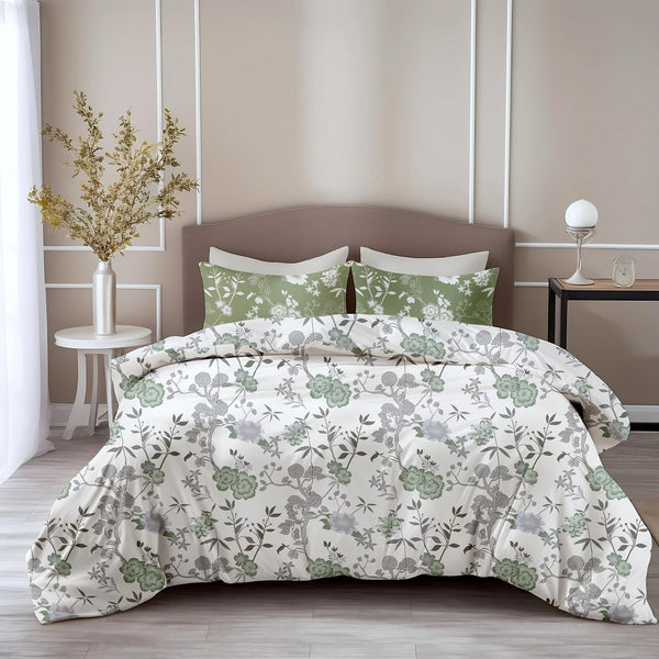 Loreto Cotton Double Bedsheet | Sage Green Floral Harmony Soft & Breathable