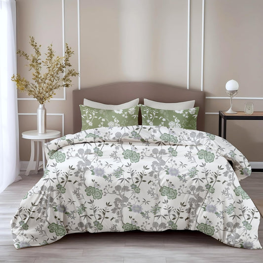 Loreto Cotton Double Bedsheet | Sage Green Floral Harmony Soft & Breathable