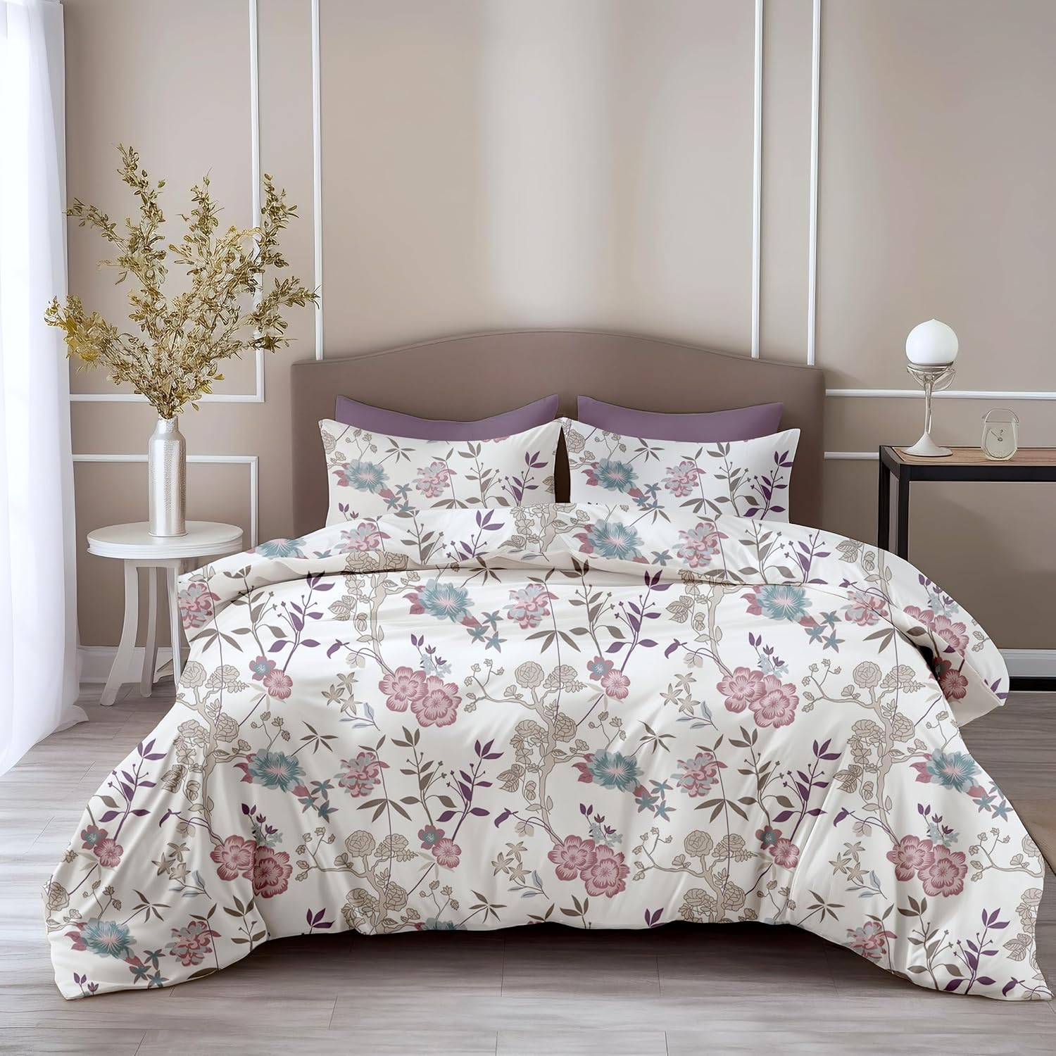 Loreto Cotton Double Bedsheet | Blush Pink & Teal Floral Vines Soft & Breathable