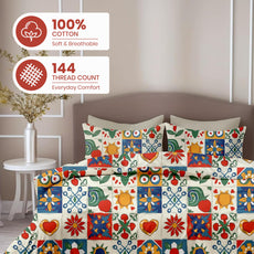 Cherry Red & Cobalt Blue Soft & Breathable 100% Cotton Flat Double Bedsheet, 144 TC