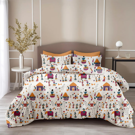 Loreto Cotton King Bedsheet | Tribal Motifs 186 TC Cotton Size with 2 Covers - Soft, Durable & Gift-Ready (108 x 108 Inches)