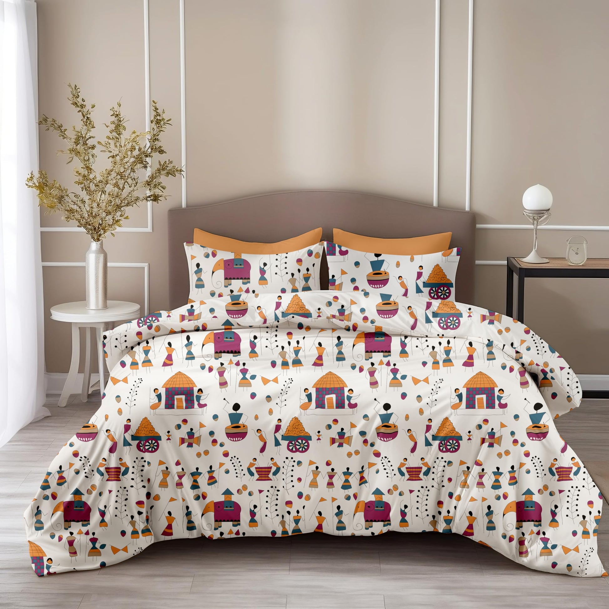 Loreto Cotton Double Bedsheet | Multicolor Tribal Motifs on Crisp White 186 TC Cotton , 90 x 90 Inches - Soft Percale Weave with 2 Covers, Durable & Breathable