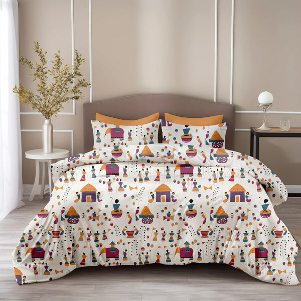 Loreto Cotton Double Bedsheet | Multicolor Tribal Motifs on Crisp White 186 TC Cotton , 90 x 90 Inches - Soft Percale Weave with 2 Covers, Durable & Breathable