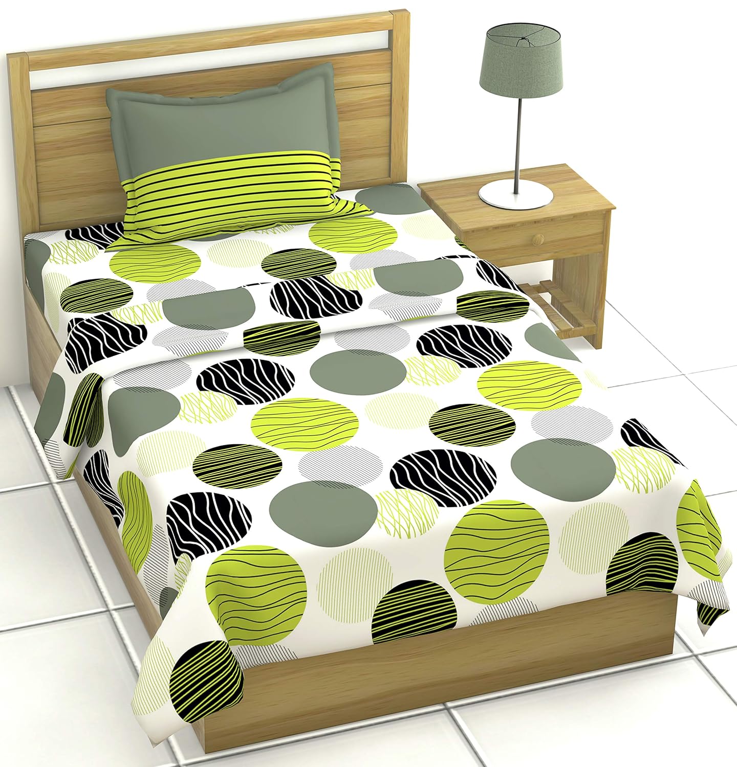 Loreto Cotton Single Bedsheet | Green and Grey Black Circle