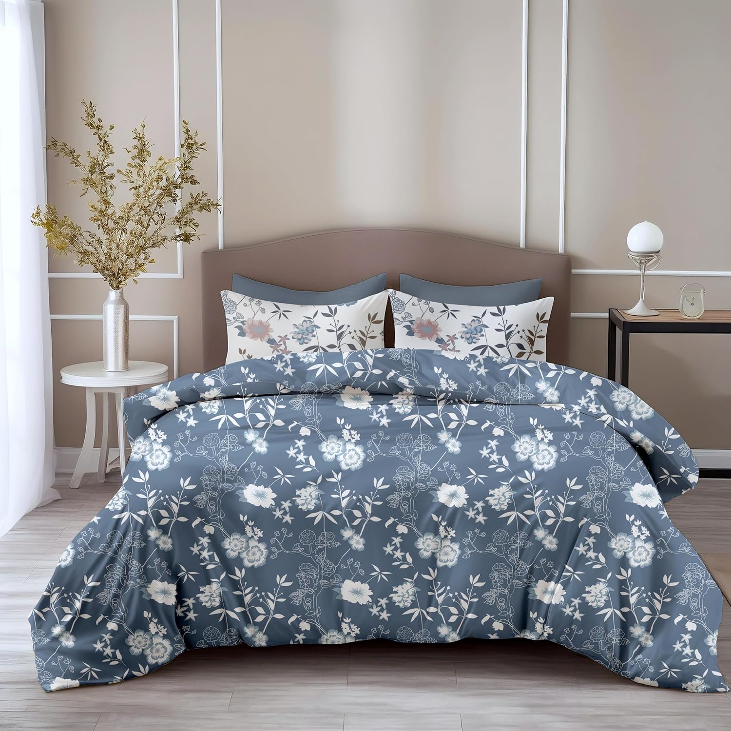 Loreto Cotton Double Bedsheet | Blush Blue Floral Vines Soft & Breathable