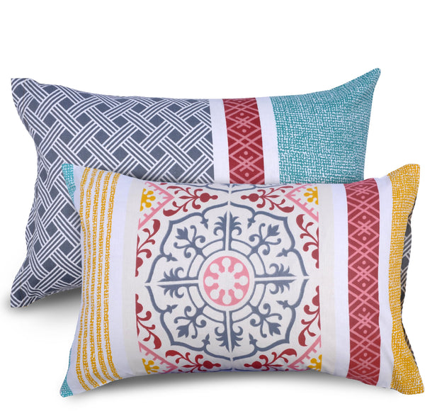 Loreto Cotton Pillow Cover | Mediterranean Tile Teal & Red 144 TC Cotton Set of 2 - Soft, Breathable & Durable (17 x 27 Inches)